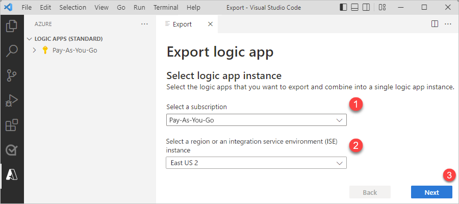 Screenshot showing Export tab with Azure subscription and region selected.