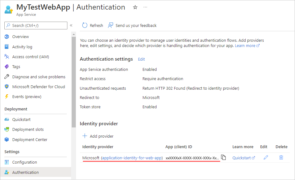 Screenshot showing newly created application identity for web app or API app.