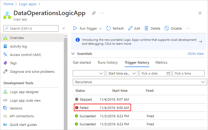 Screenshot showing Azure portal with Consumption logic app workflow trigger history.