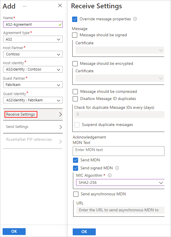Screenshot shows Azure portal and AS2 agreement settings for inbound messages.