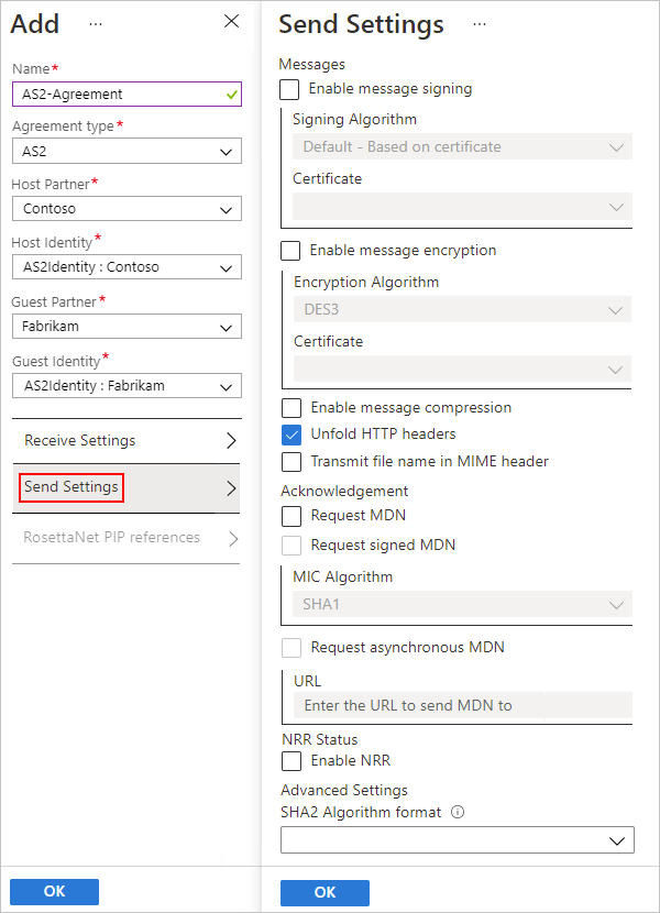 Screenshot shows Azure portal and AS2 agreement settings for outbound messages.
