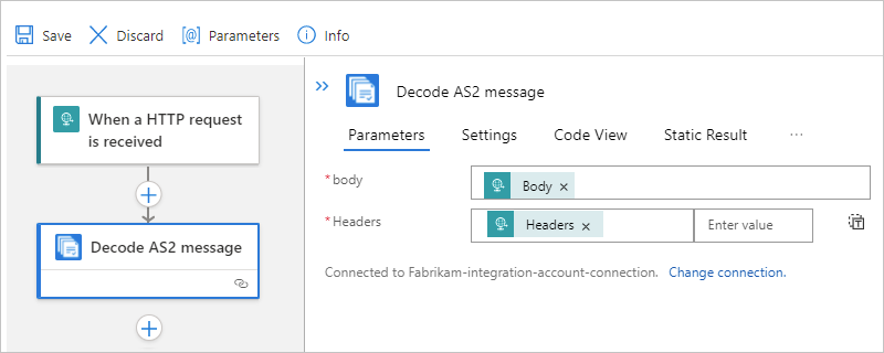 该屏幕截图显示 Azure 门户、工作流设计器以及“解码 AS2 消息”操作（带有从“请求”触发器选择的“正文”和“头”输出）。