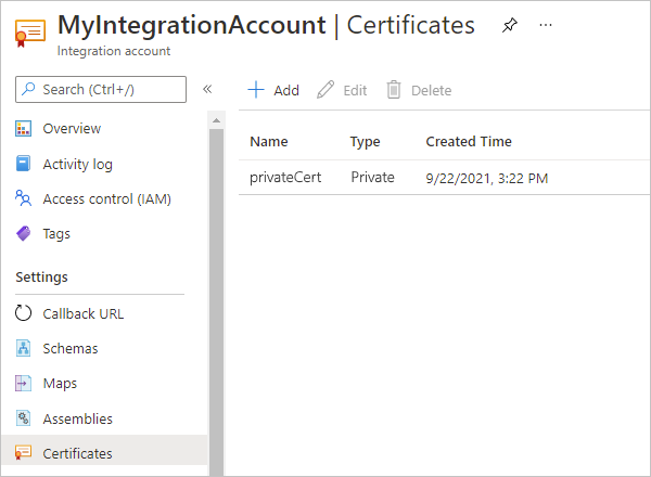 该屏幕截图显示了 Azure 门户和集成帐户（包含“证书”列表中的专用证书）。