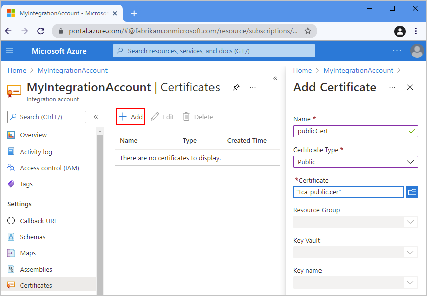 该屏幕截图显示了 Azure 门户和集成帐户（已选中了“添加”）以及“添加证书”窗格（包含公用证书详细信息）。