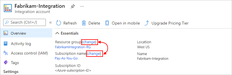 显示在 Azure 门户“概述”窗格中的“资源组”或“订阅名称”旁边选择“更改”的屏幕截图。