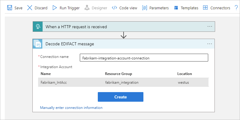 Screenshot shows Consumption workflow designer and connection pane for the action named Decode EDIFACT message.