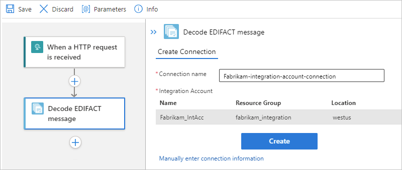 Screenshot shows Standard workflow and connection pane for action named EDIFACT Decode.