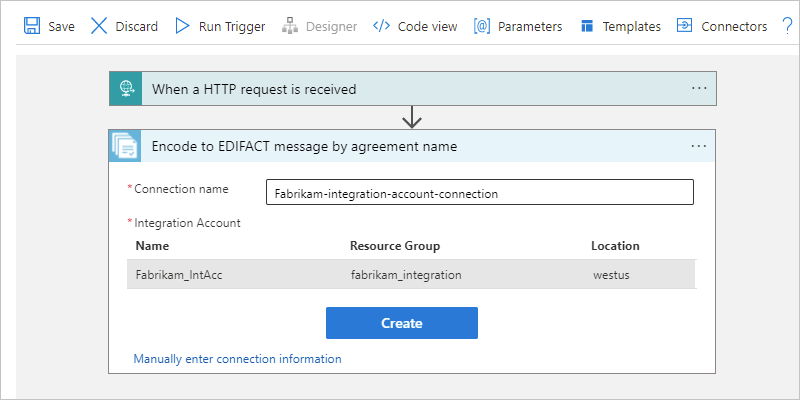 Screenshot shows Azure portal, Consumption workflow, and connection box for action named Encode to EDIFACT message by agreement name.