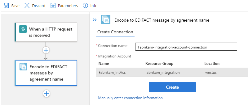 Screenshot shows Standard workflow and connection pane for action named Encode to EDIFACT message by agreement name.