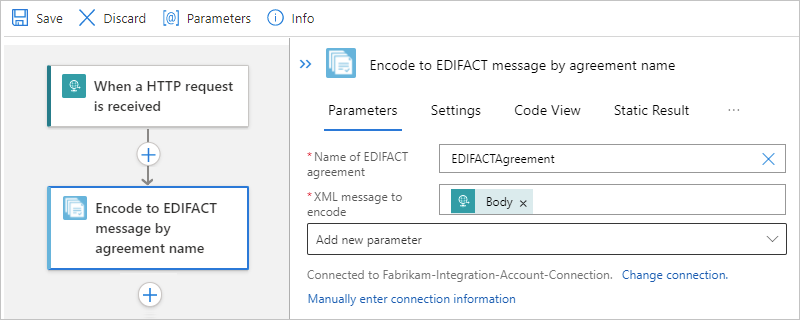 Screenshot shows Standard workflow, action named Encode to EDIFACT message by agreement name, and message encoding properties.