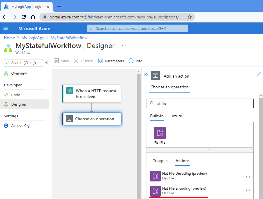 该屏幕截图显示 Azure 门户和标准型工作流设计器，其中“平面文件”显示在搜索框内，“平面文件编码”操作处于选中状态。