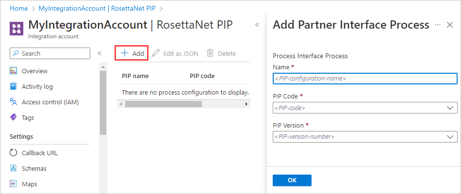 RosettaNet PIP 页的屏幕截图，其中已选择“添加”。“添加合作伙伴接口进程”窗格包含名称、代码和版本的框。