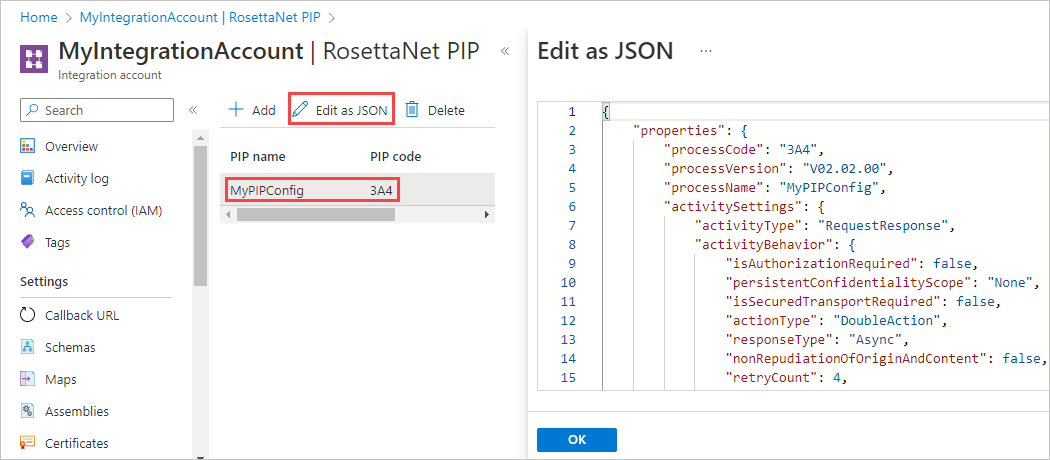 RosettaNet PIP 页的屏幕截图，其中已选择“作为 JSON 进行编辑”和一个 PIP。在“作为 JSON 进行编辑”下，可以看到编码的 PIP 属性。