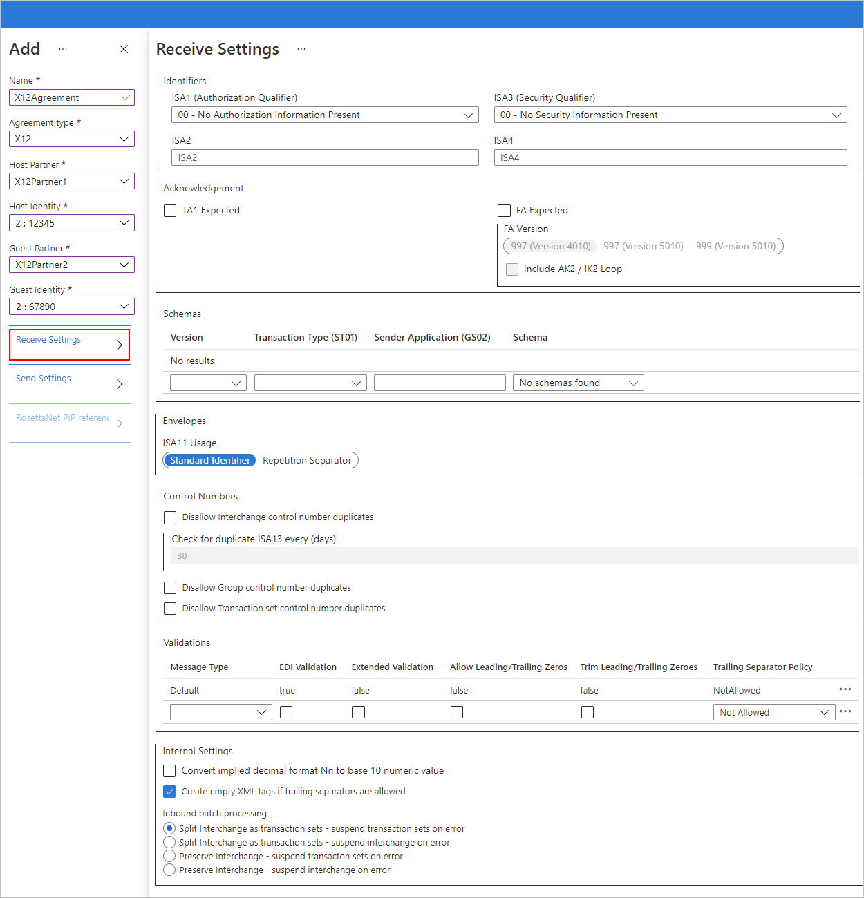 Screenshot showing Azure portal and X12 agreement settings for inbound messages.