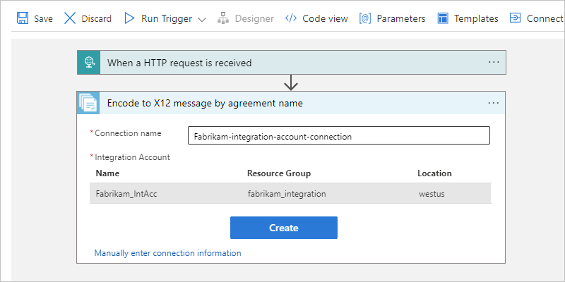 Screenshot showing Consumption workflow and connection information for action named Encode to X12 message by agreement name.