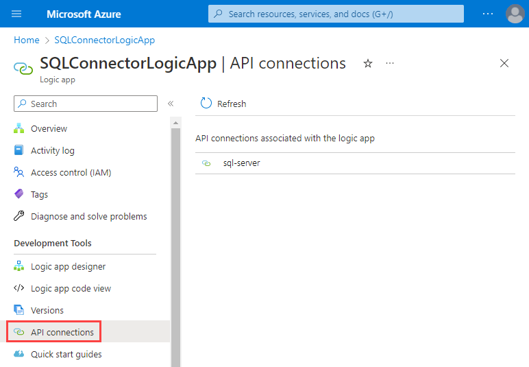 Azure 门户中逻辑应用资源的屏幕截图。突出显示了逻辑应用导航菜单中的“API 连接”。