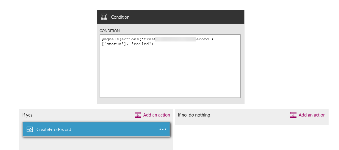 Screenshot of the CreateErrorRecord screen in the Logic App Designer showing the fields for creating an error entry.