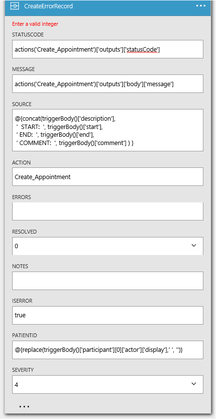 Screenshot from Logic App Designer showing the configuration settings for CreateErrorRecord.