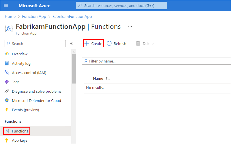 Screenshot of a function app with 'Functions' highlighted on the function app menu. The 'Functions' page is opened, and 'Create' is highlighted.