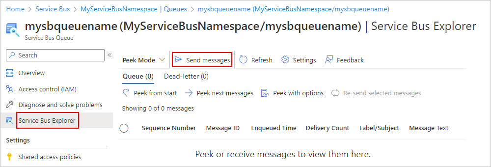 Screenshot of a Service Bus queue page in the portal, with 'Send messages' highlighted. On the navigation menu, 'Service Bus Explorer' is highlighted.