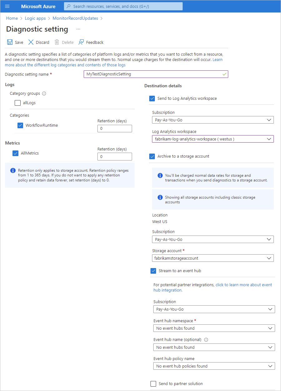Send data to Azure storage account or event hub