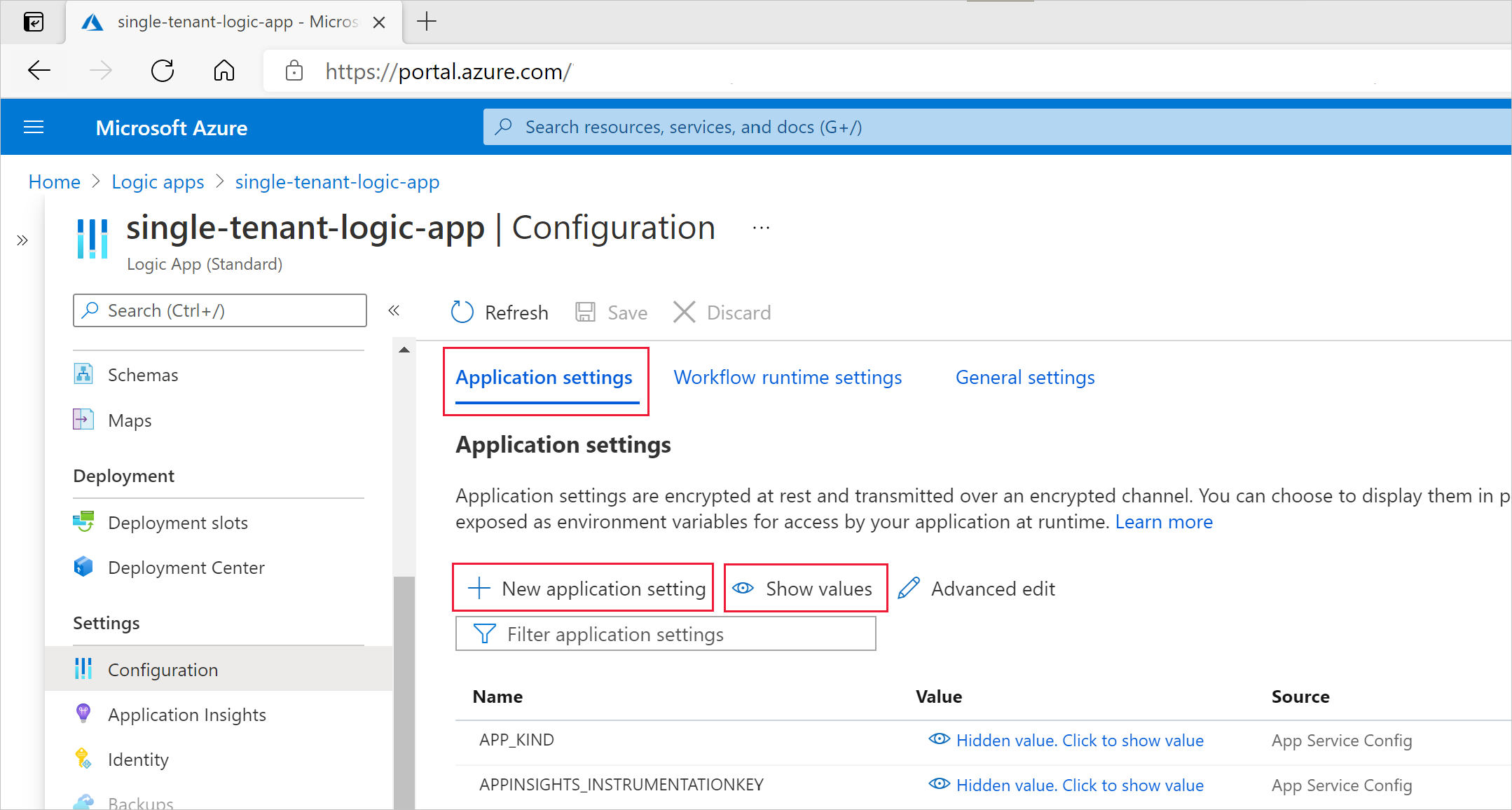 Screenshot showing the Azure portal and the configuration pane with the app settings and values for a single-tenant based logic app.