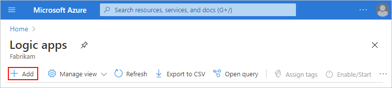 显示 Azure 门户和逻辑应用服务页的屏幕截图，其中选中了“添加”选项。