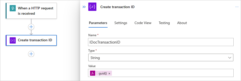 Screenshot shows Standard workflow with the action named Create transaction ID.