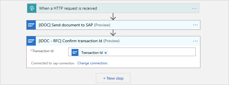 Screenshot shows Consumption workflow with action named Confirm transaction ID, which includes GUID output from previous action.