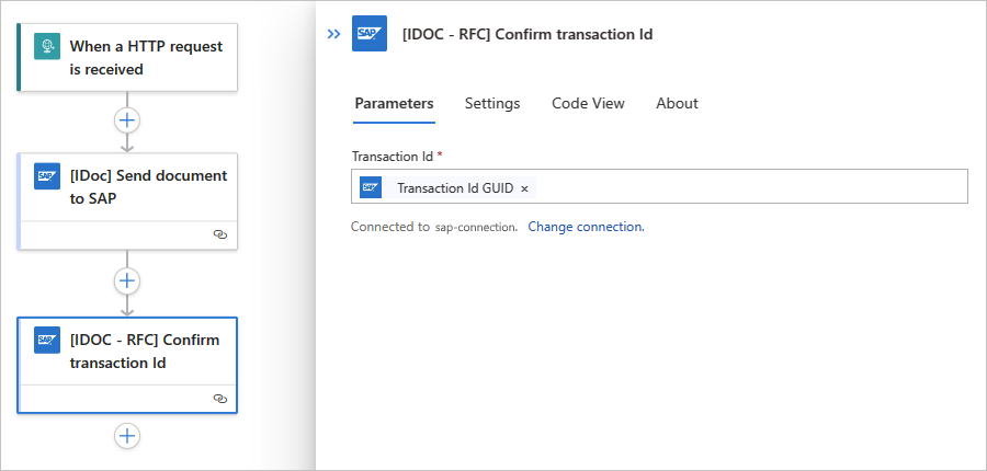 Screenshot shows Standard workflow with action named Confirm transaction ID, which includes GUID output from previous action.