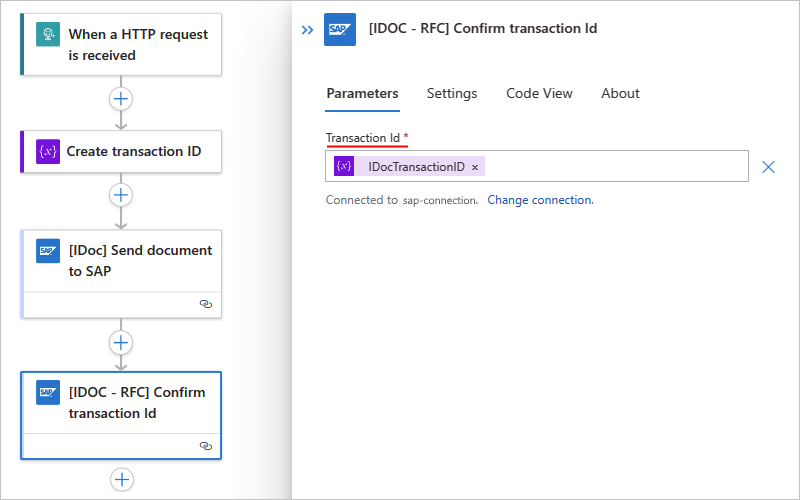 Screenshot shows Standard workflow with action named Confirm transaction ID using a variable.