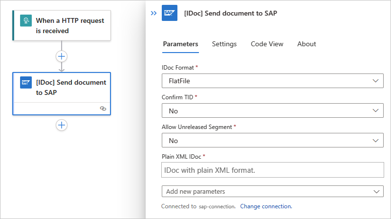 Screenshot shows a Standard workflow with the SAP built-in action named [IDoc] Send document to SAP.