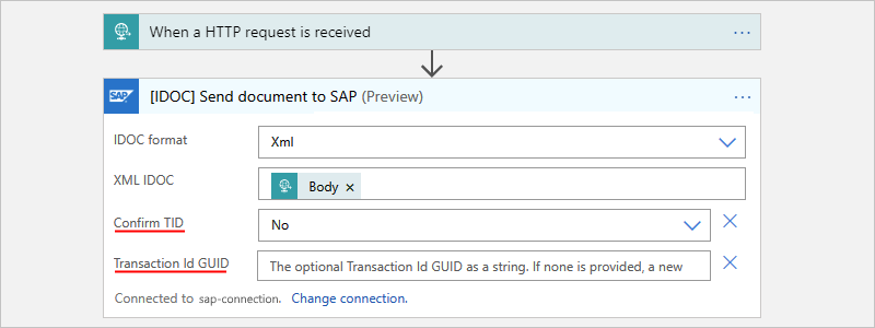 Screenshot shows Consumption workflow with the action named IDOC Send document to SAP.
