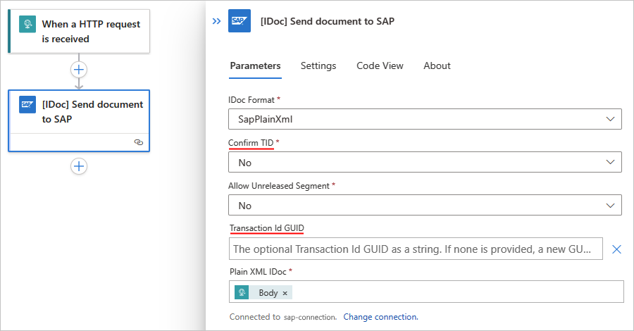 Screenshot shows Standard workflow with the action named IDOC Send document to SAP.