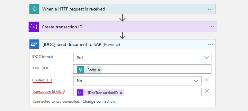 Screenshot shows Consumption workflow with action named IDOC Send document to SAP.