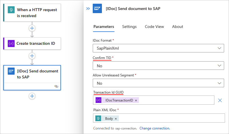 Screenshot shows Standard workflow with action named IDOC Send document to SAP.