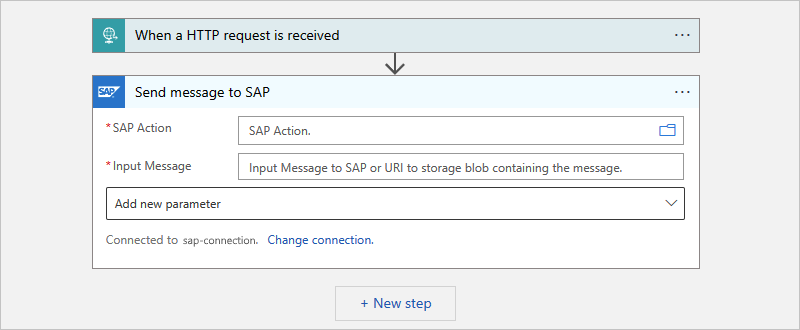 Screenshot shows a Consumption workflow with the SAP managed action named Send message to SAP.