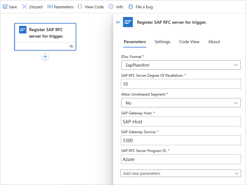 Screenshot shows basically configured SAP built-in connector trigger in Standard workflow.