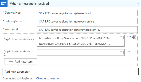 Screenshot shows manually entering the SAP action to filter messages in a Consumption workflow.