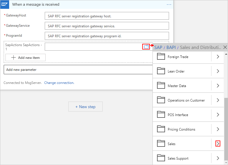 Screenshot shows selecting an SAP action to filter messages in a Consumption workflow.