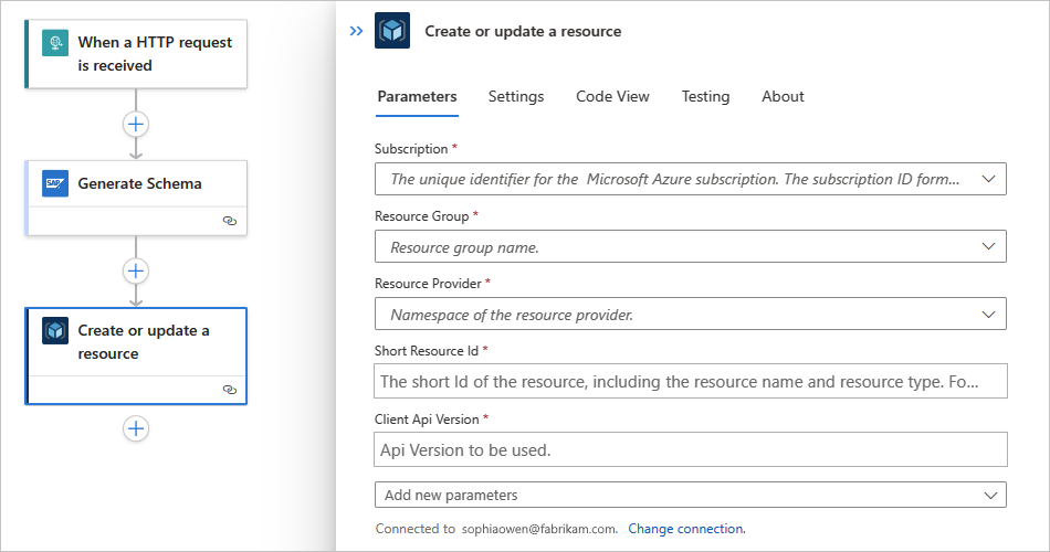 Screenshot shows Standard workflow and an Azure Resource Manager action named Create or update a resource.