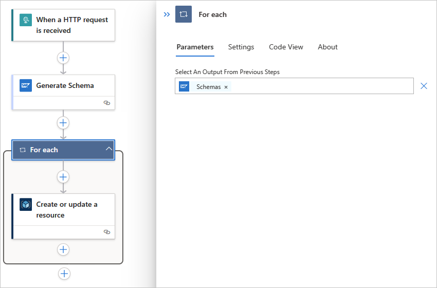 Screenshot shows Standard workflow and for each loop with included Azure Resource Manager action.