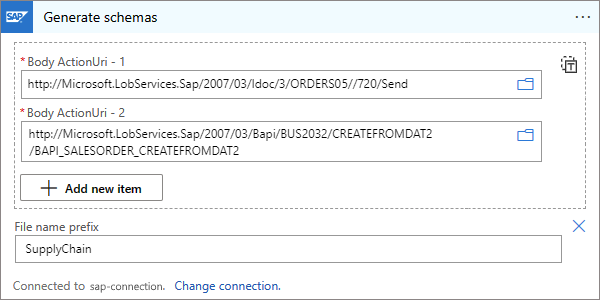 Screenshot shows multiple SAP actions to use for generating multiple schemas.