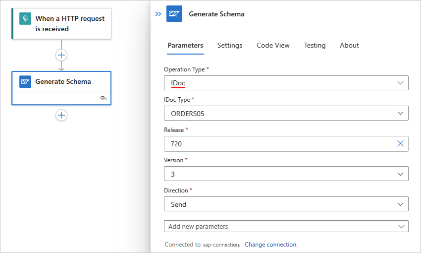 Screenshot shows Standard workflow, Generate Schema action, and IDoc artifact information.