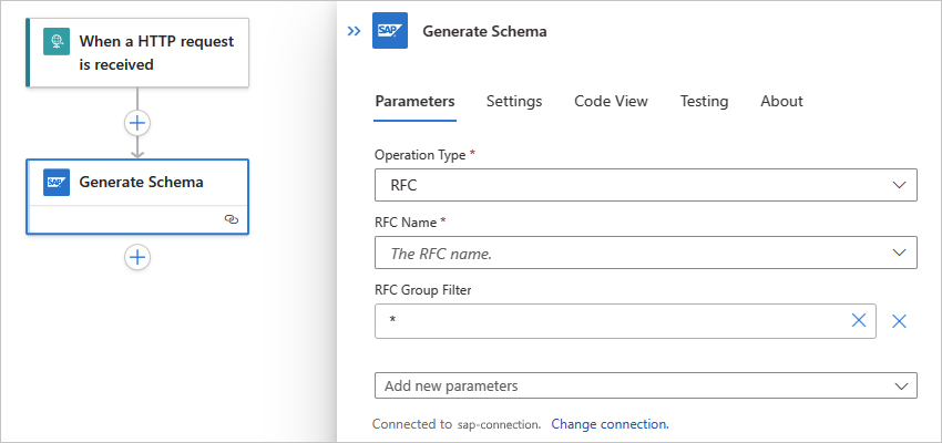 Screenshot shows Standard workflow and SAP built-in action named Generate Schema.