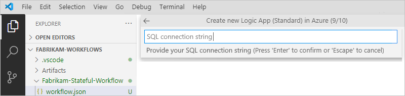 Screenshot showing Visual Studio Code and SQL connection string prompt.