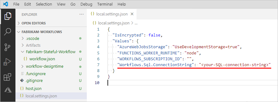 Screenshot showing Visual Studio Code, logic app project, and open 