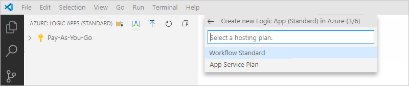 Screenshot that shows the prompt to select 'Workflow Standard' or 'App Service Plan'.