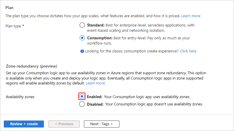 显示 Azure 门户、“创建逻辑应用”页、消耗逻辑应用详细信息以及选中“区域冗余”下的“已启用”选项的屏幕截图。