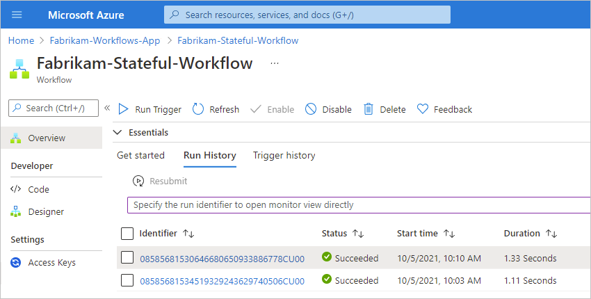 Screenshot showing the workflow run history.
